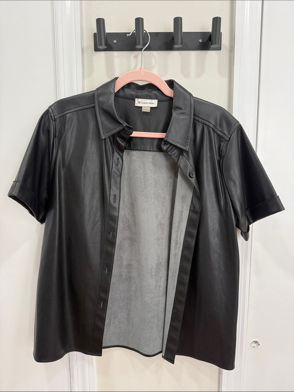 Calvin Klein Black Short-Sleeve Faux Leather Button-Down Shirt